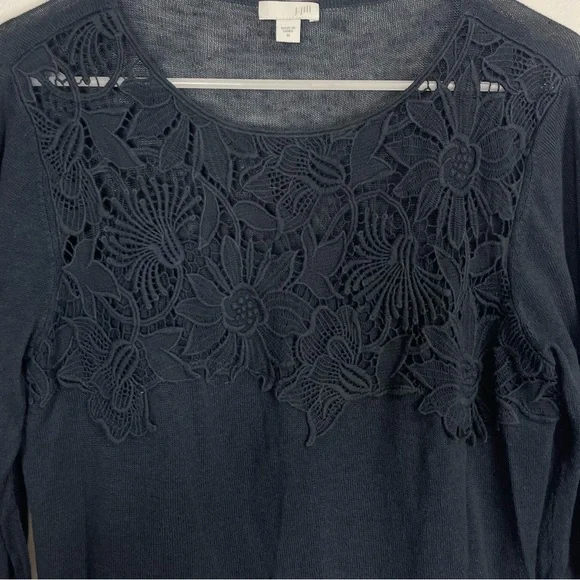 J Jill Sweater Womens Size Medium Navy Blue Knit Floral Applique Neckline - Picture 4 of 9